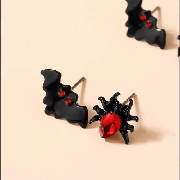 Y2K Vampire Gothic Halloween Spider Bat Red Jeweled Earrings - Picture 3 of 4